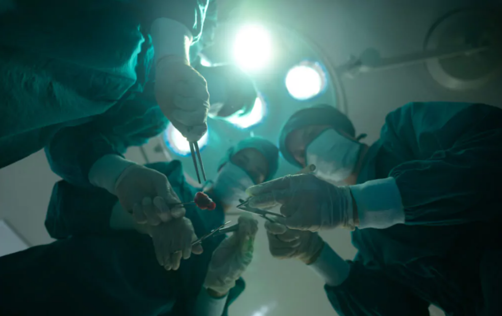 Hände von vier Menschen in einem Operationssaal die chirurgisches Besteck sowie ein kleines Fleischstück in ihren Händen mit Hygienehandschuhen zeigen