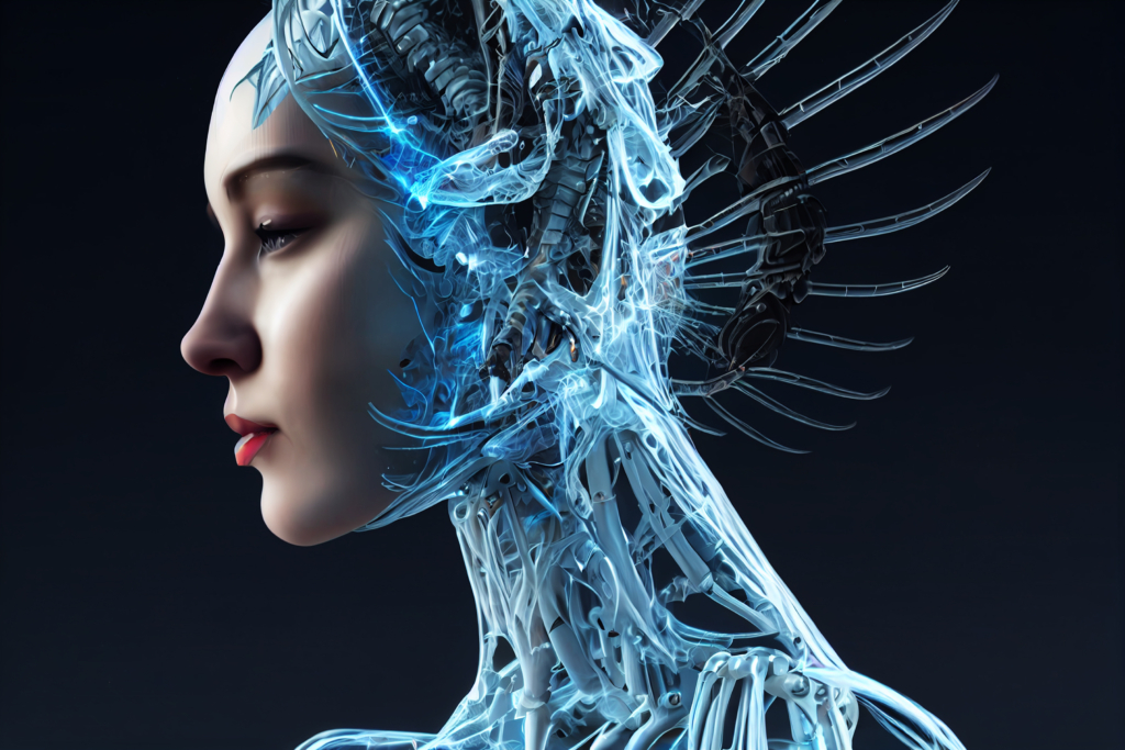Schwarzer Hintergrund vor dem ein künstliche erschaffene Frau mit einem Gesicht und einem künstlichen Gehirn dargestellt ist
