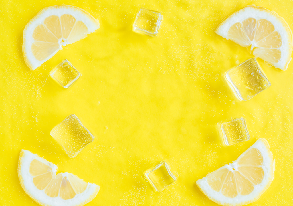 Zitronenscheiben liegen neben Eiswürfel
