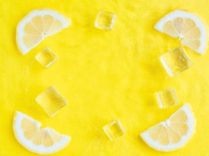 Zitronenscheiben liegen neben Eiswürfel