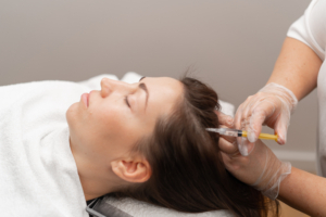 Frau steht hinter einer anderen Frau und spritzt ihr in die Haare