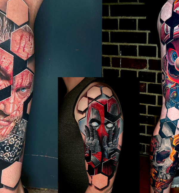 Surrealistische Darstellung trifft auf präzise Linienführung: Hand-Tattoos von Thomas Kellinger im unverkennbaren Hexagon-Realistik-Stil.
