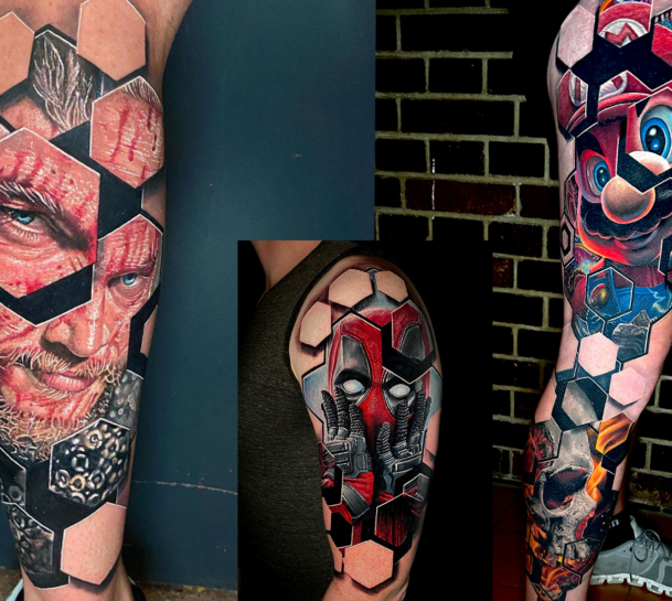 Surrealistische Darstellung trifft auf präzise Linienführung: Hand-Tattoos von Thomas Kellinger im unverkennbaren Hexagon-Realistik-Stil.
