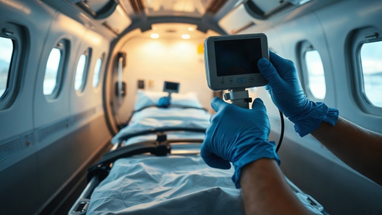 A medical isolation stretcher inside the cargo area of a transport aircraft, hands in blue protective gloves adjusting monitoring equipment, soft artificial cabin light, no visible – Symbolbild, KI-erzeugt