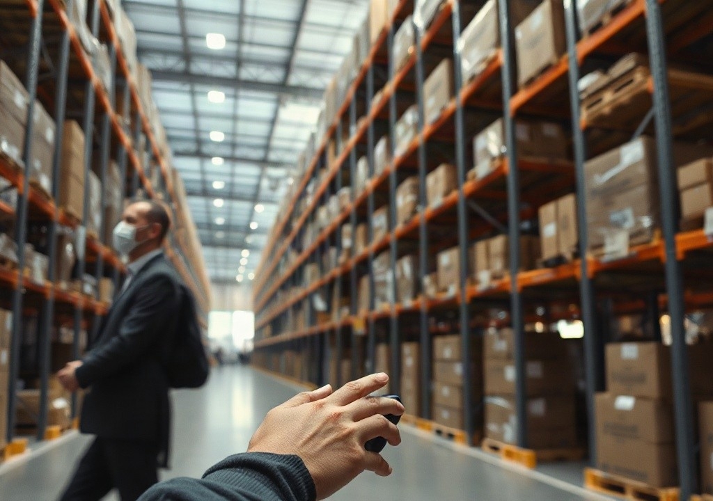 Nahaufnahme einer modernen Logistikhalle mit Regalsystemen und Kommissioniertechnik, keine Personen im Vordergrund, evtuell Hände an einem Scanner oder Paketband, sachliche und ruh – Symbolbild, KI-erzeugt