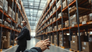 Nahaufnahme einer modernen Logistikhalle mit Regalsystemen und Kommissioniertechnik, keine Personen im Vordergrund, evtuell Hände an einem Scanner oder Paketband, sachliche und ruh – Symbolbild, KI-erzeugt