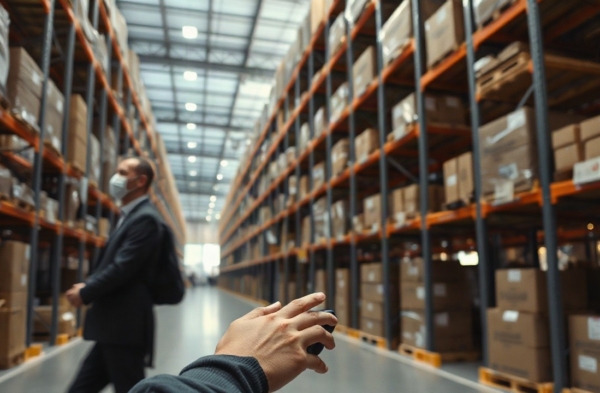 Nahaufnahme einer modernen Logistikhalle mit Regalsystemen und Kommissioniertechnik, keine Personen im Vordergrund, evtuell Hände an einem Scanner oder Paketband, sachliche und ruh – Symbolbild, KI-erzeugt