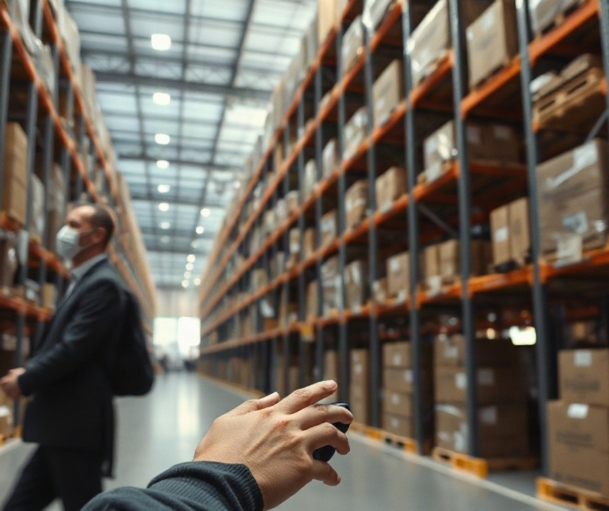 Nahaufnahme einer modernen Logistikhalle mit Regalsystemen und Kommissioniertechnik, keine Personen im Vordergrund, evtuell Hände an einem Scanner oder Paketband, sachliche und ruh – Symbolbild, KI-erzeugt