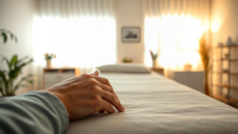 Hände einer Person, die ruhig auf einem Tisch liegen, im Hintergrund unscharf ein heller Behandlungs- oder Beratungsraum; kein Gesicht erkennbar, keine Marken oder Logos, warmes, v – Symbolbild, KI-erzeugt
