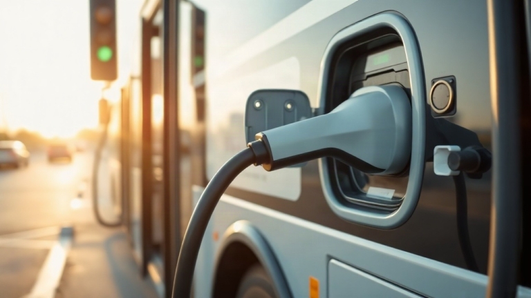 A close-up of an electric bus charging cable plugged into a charging port at a bus depot, early morning light, no people, no logos, no text, wide format – Symbolbild, KI-erzeugt