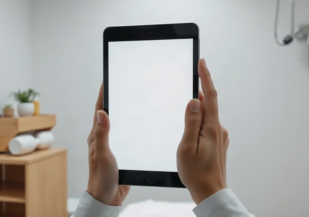 Nahaufnahme von Händen, die ein Tablet oder Smartphone mit einer unscharfen, markenfreien Gesundheits-App-Oberfläche in einem hellen Behandlungsraum bedienen; keine Gesichter, kein – Symbolbild, KI-erzeugt