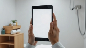 Nahaufnahme von Händen, die ein Tablet oder Smartphone mit einer unscharfen, markenfreien Gesundheits-App-Oberfläche in einem hellen Behandlungsraum bedienen; keine Gesichter, kein – Symbolbild, KI-erzeugt