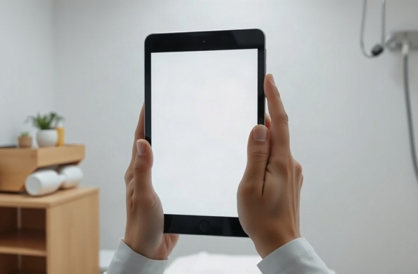 Nahaufnahme von Händen, die ein Tablet oder Smartphone mit einer unscharfen, markenfreien Gesundheits-App-Oberfläche in einem hellen Behandlungsraum bedienen; keine Gesichter, kein – Symbolbild, KI-erzeugt