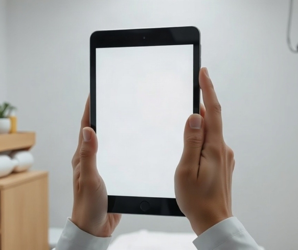 Nahaufnahme von Händen, die ein Tablet oder Smartphone mit einer unscharfen, markenfreien Gesundheits-App-Oberfläche in einem hellen Behandlungsraum bedienen; keine Gesichter, kein – Symbolbild, KI-erzeugt