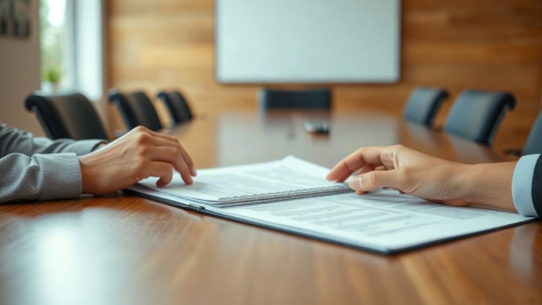 Close-up of hands reviewing printed documents and a folder on a wooden conference table, soft daylight from a window, blurred meeting room in the background, no faces visible, no l – Symbolbild, KI-erzeugt