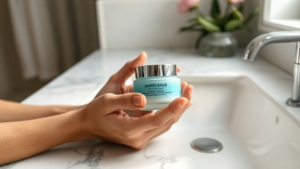 Hände halten einen unbeschrifteten Pflegetiegel auf einer Marmorablage, passend zum Thema Kelly Osbournes Aussehen – Symbolbild, KI-erzeugt