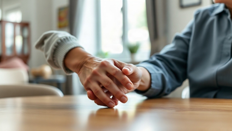 Close-up of a caregiver's hands gently holding the hand of an elderly person at a table in a bright daycare facility, soft daylight through a window, no faces visible, no branding – Symbolbild, KI-erzeugt