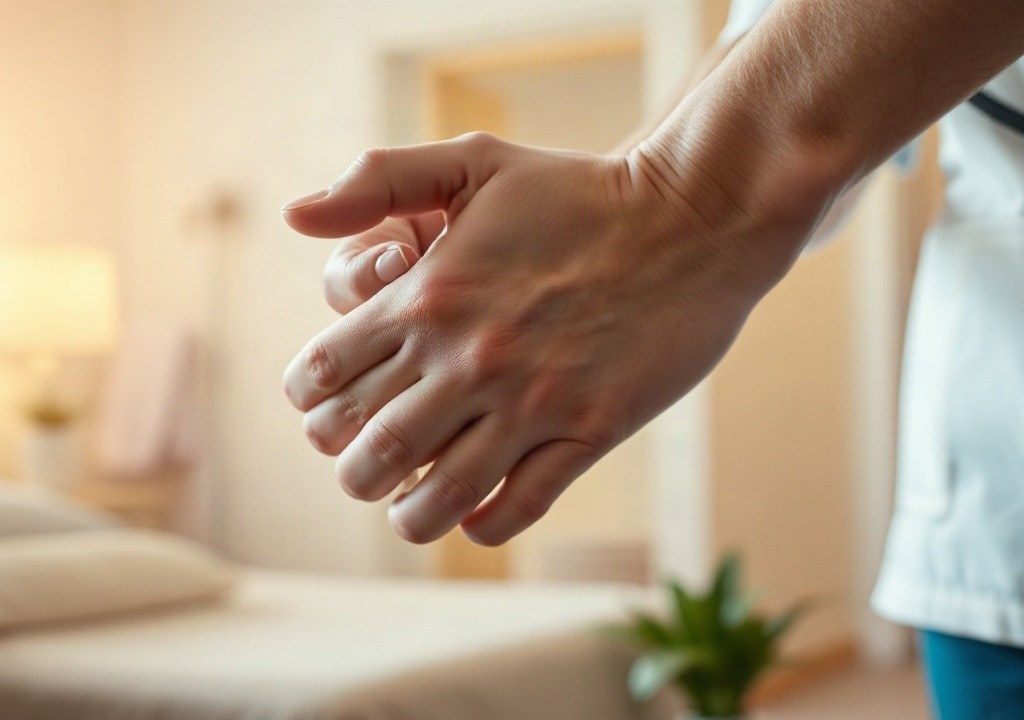 Nahaufnahme der Hände einer Pflegekraft, die eine Hand einer älteren Person hält, warmes Licht, ruhiger Pflegeraum im Hintergrund, keine erkennbaren Gesichter, Querformat 16:9 – Symbolbild, KI-erzeugt