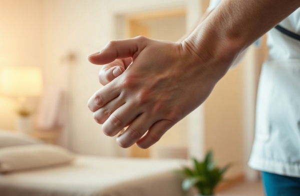 Nahaufnahme der Hände einer Pflegekraft, die eine Hand einer älteren Person hält, warmes Licht, ruhiger Pflegeraum im Hintergrund, keine erkennbaren Gesichter, Querformat 16:9 – Symbolbild, KI-erzeugt