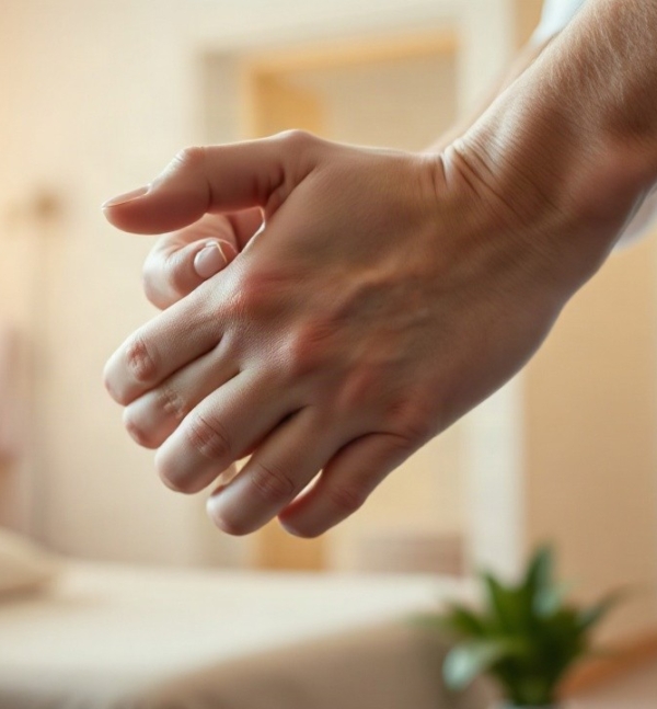 Nahaufnahme der Hände einer Pflegekraft, die eine Hand einer älteren Person hält, warmes Licht, ruhiger Pflegeraum im Hintergrund, keine erkennbaren Gesichter, Querformat 16:9 – Symbolbild, KI-erzeugt