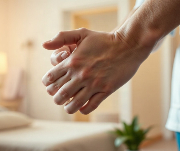 Nahaufnahme der Hände einer Pflegekraft, die eine Hand einer älteren Person hält, warmes Licht, ruhiger Pflegeraum im Hintergrund, keine erkennbaren Gesichter, Querformat 16:9 – Symbolbild, KI-erzeugt