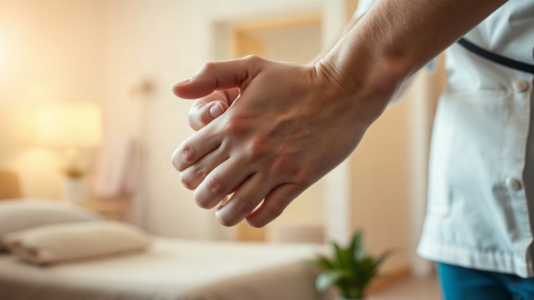 Nahaufnahme der Hände einer Pflegekraft, die eine Hand einer älteren Person hält, warmes Licht, ruhiger Pflegeraum im Hintergrund, keine erkennbaren Gesichter, Querformat 16:9 – Symbolbild, KI-erzeugt