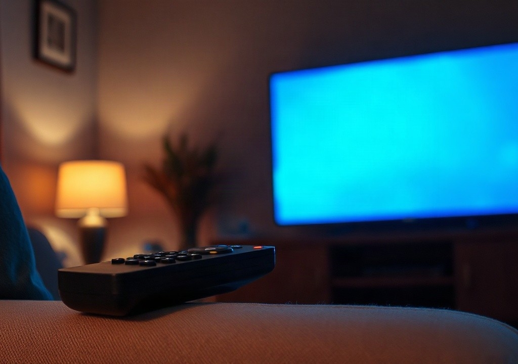 Eine Fernbedienung liegt am Abend vor einem beleuchteten Fernseher, während im Hintergrund Promi Big Brother läuft – Symbolbild, KI-erzeugt