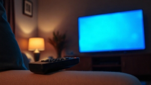 Eine Fernbedienung liegt am Abend vor einem beleuchteten Fernseher, während im Hintergrund Promi Big Brother läuft – Symbolbild, KI-erzeugt