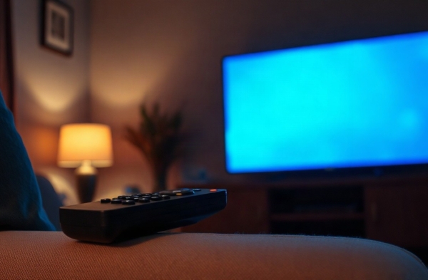 Eine Fernbedienung liegt am Abend vor einem beleuchteten Fernseher, während im Hintergrund Promi Big Brother läuft – Symbolbild, KI-erzeugt