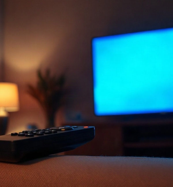Eine Fernbedienung liegt am Abend vor einem beleuchteten Fernseher, während im Hintergrund Promi Big Brother läuft – Symbolbild, KI-erzeugt