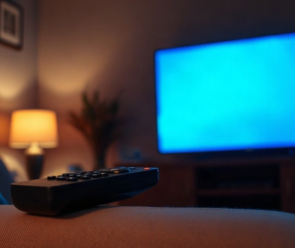 Eine Fernbedienung liegt am Abend vor einem beleuchteten Fernseher, während im Hintergrund Promi Big Brother läuft – Symbolbild, KI-erzeugt