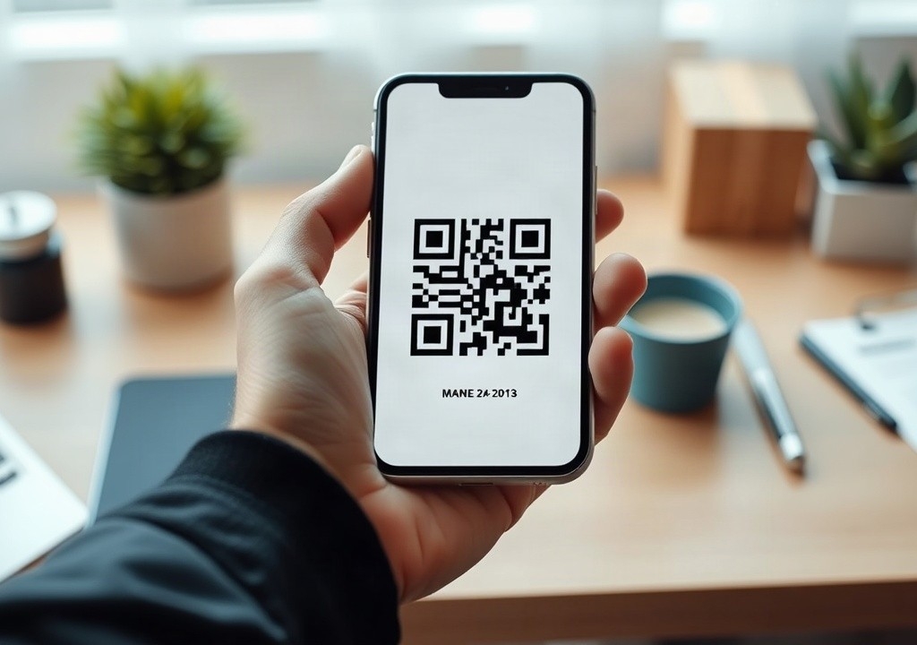 Eine Hand hält ein Smartphone, auf dessen Bildschirm ein QR-Code zu sehen ist, den man ohne Kamera scannen möchte – Symbolbild, KI-erzeugt