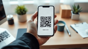 Eine Hand hält ein Smartphone, auf dessen Bildschirm ein QR-Code zu sehen ist, den man ohne Kamera scannen möchte – Symbolbild, KI-erzeugt