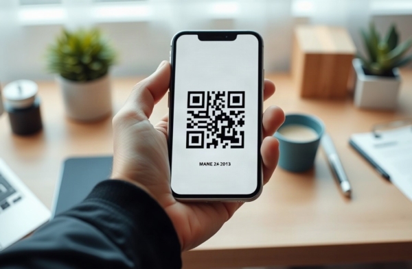 Eine Hand hält ein Smartphone, auf dessen Bildschirm ein QR-Code zu sehen ist, den man ohne Kamera scannen möchte – Symbolbild, KI-erzeugt