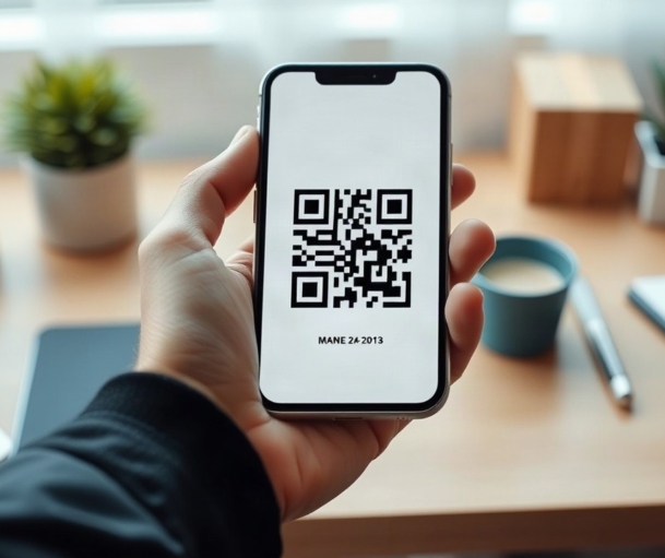 Eine Hand hält ein Smartphone, auf dessen Bildschirm ein QR-Code zu sehen ist, den man ohne Kamera scannen möchte – Symbolbild, KI-erzeugt