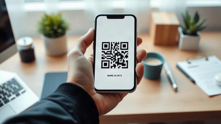 Eine Hand hält ein Smartphone, auf dessen Bildschirm ein QR-Code zu sehen ist, den man ohne Kamera scannen möchte – Symbolbild, KI-erzeugt