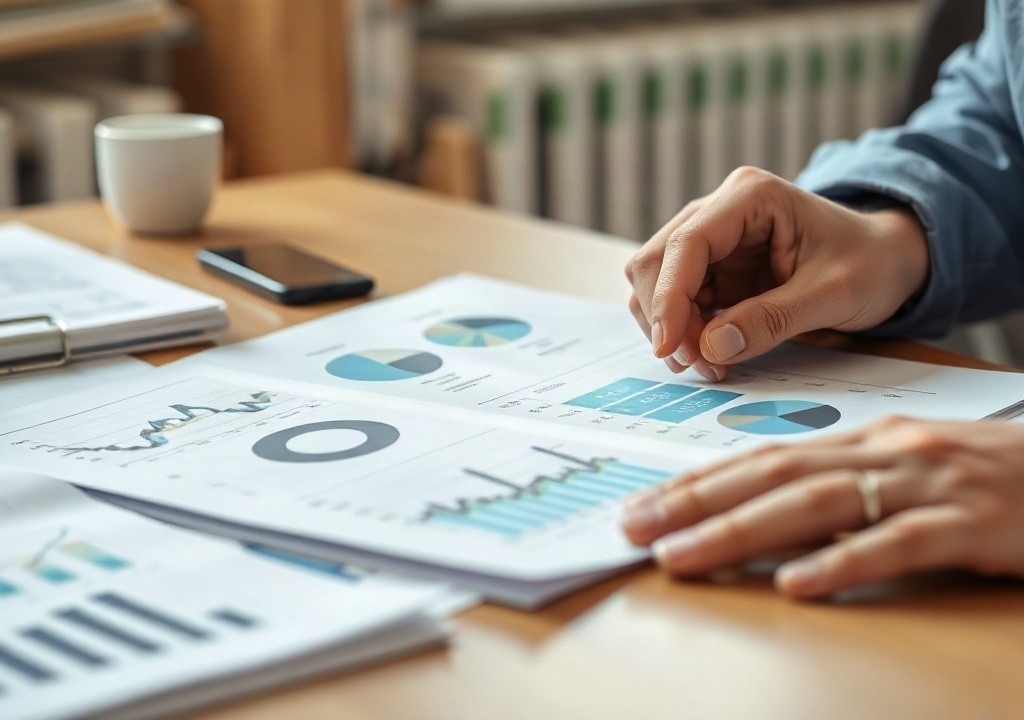 Hände analysieren Wirtschaftsdaten auf gedruckten Diagrammen als Symbol für die aktuelle Konjunkturprognose – Symbolbild, KI-erzeugt