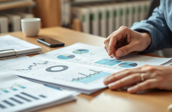 Hände analysieren Wirtschaftsdaten auf gedruckten Diagrammen als Symbol für die aktuelle Konjunkturprognose – Symbolbild, KI-erzeugt
