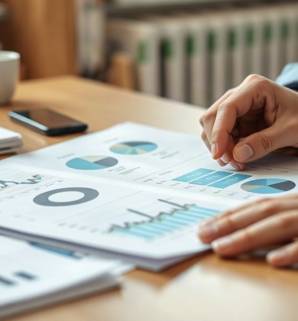 Hände analysieren Wirtschaftsdaten auf gedruckten Diagrammen als Symbol für die aktuelle Konjunkturprognose – Symbolbild, KI-erzeugt