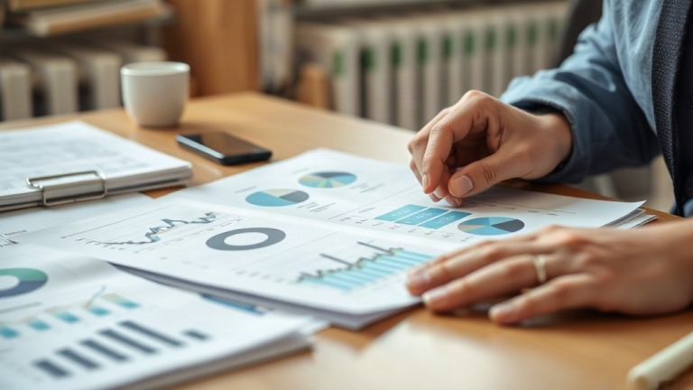 Hände analysieren Wirtschaftsdaten auf gedruckten Diagrammen als Symbol für die aktuelle Konjunkturprognose – Symbolbild, KI-erzeugt